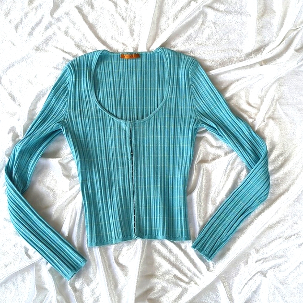 Essendi vintage cropped blue ribbed silk scoop neck top. Size M